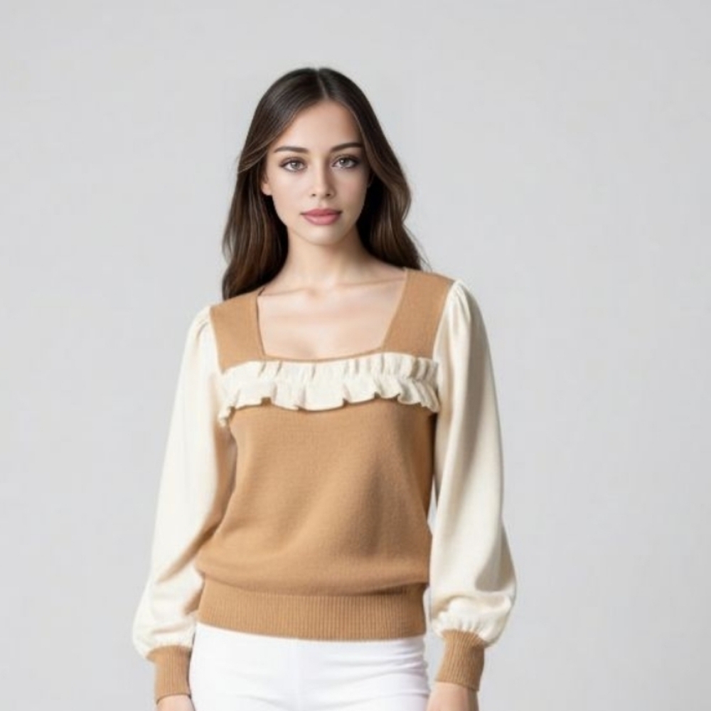 Square Neck Ruffle Detail Pullover Sweater - Camel and Cream